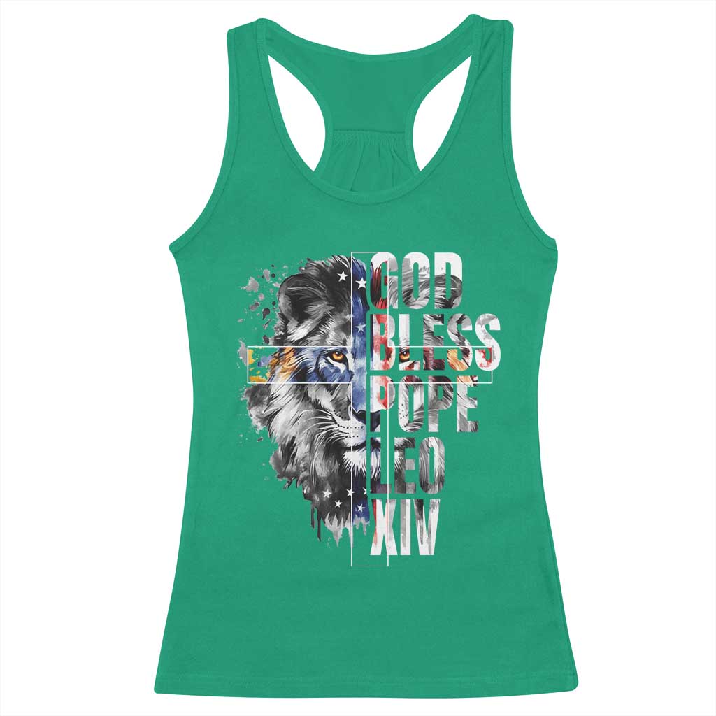 God Bless Pope Leo XIV Racerback Tank Top Lion American Flag