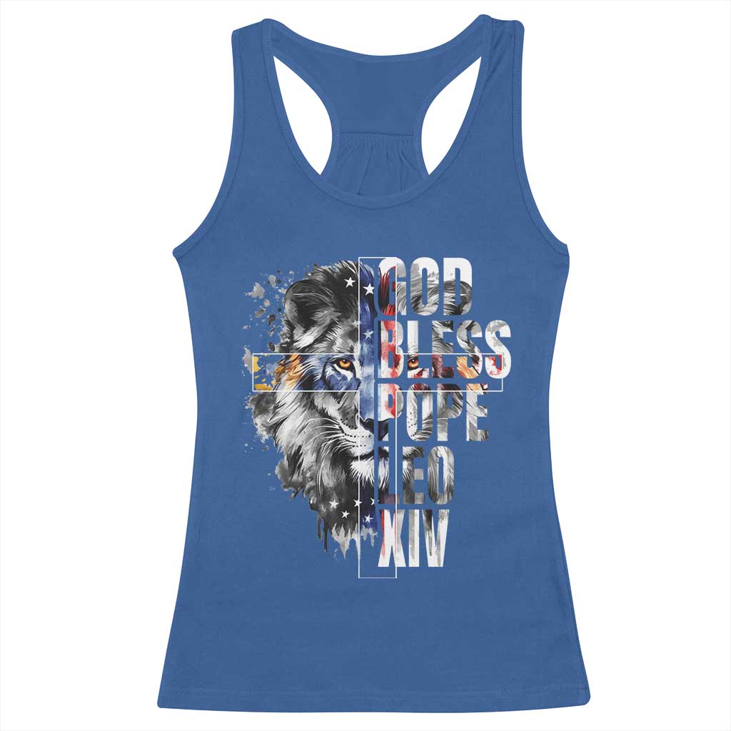 God Bless Pope Leo XIV Racerback Tank Top Lion American Flag
