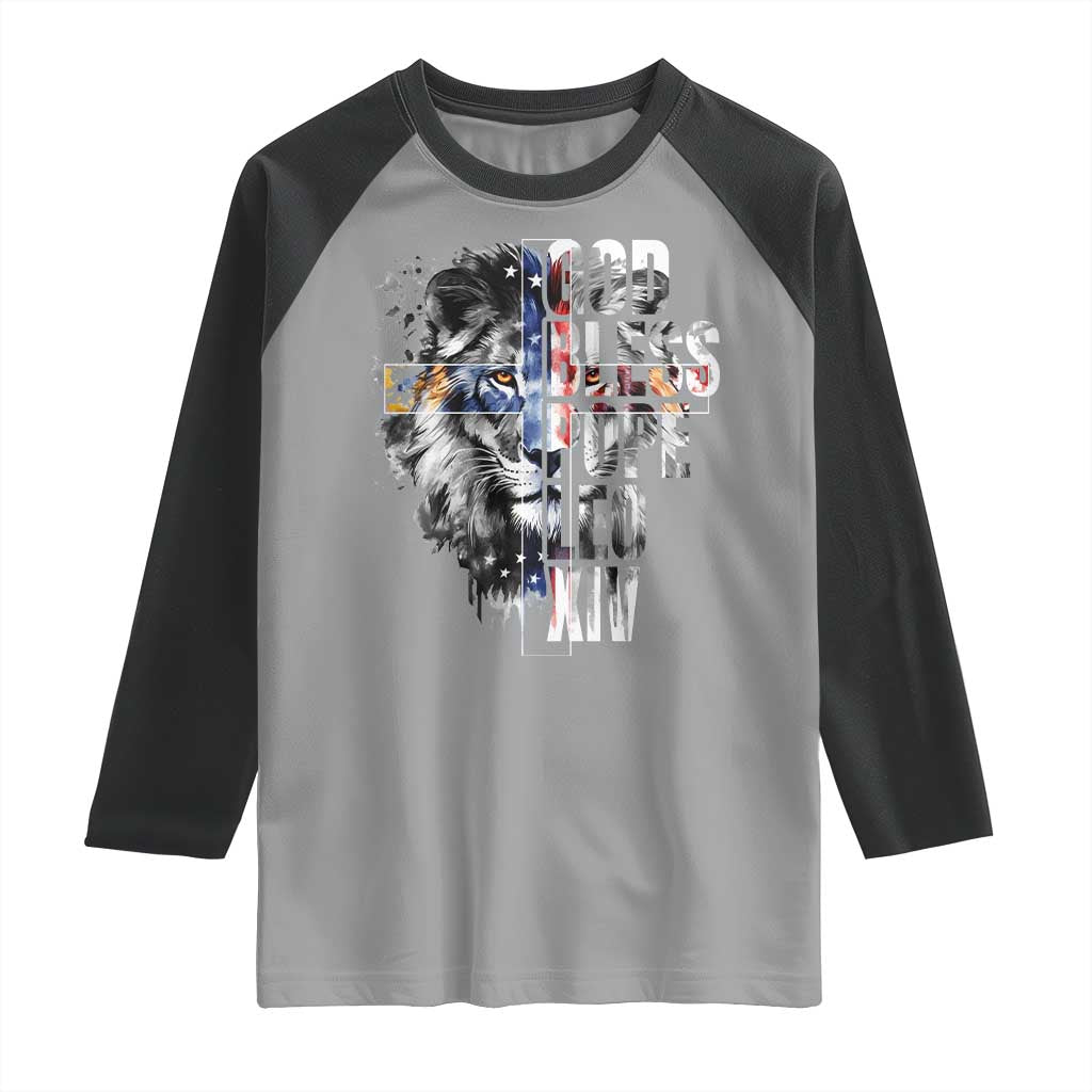 God Bless Pope Leo XIV Raglan Shirt Lion American Flag