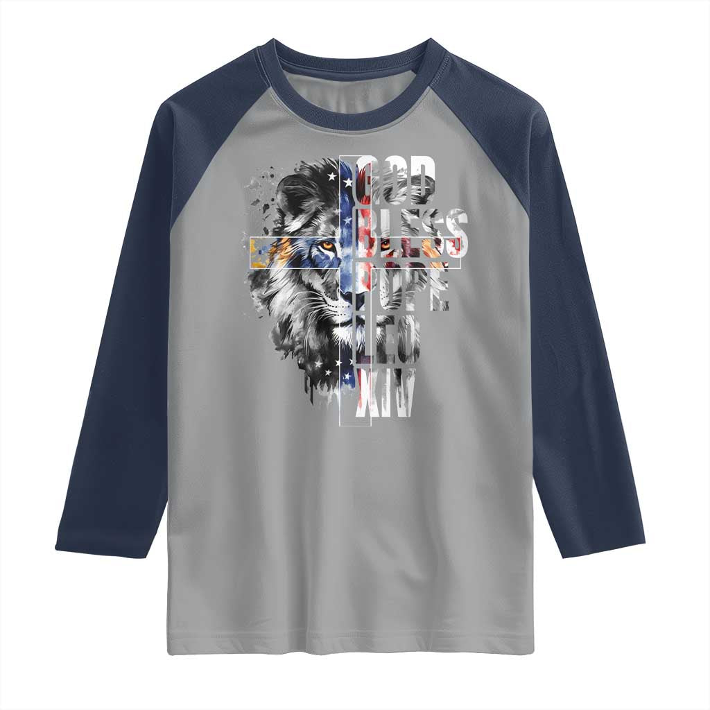God Bless Pope Leo XIV Raglan Shirt Lion American Flag