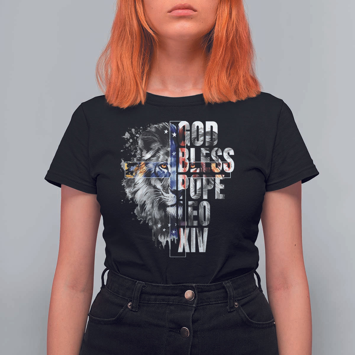 God Bless Pope Leo XIV T Shirt For Women Lion American Flag