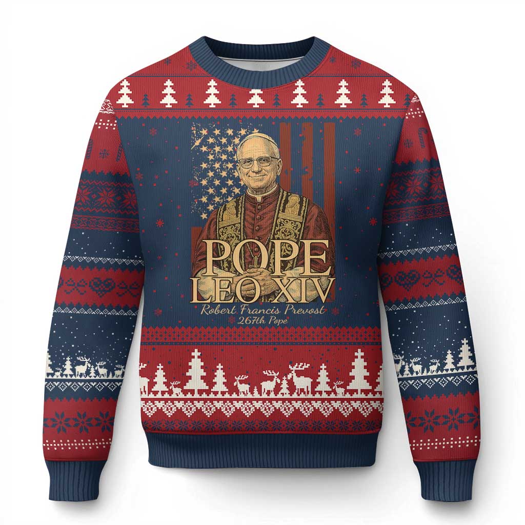 Cardinal Pope Leo XIV Ugly Christmas Sweater 267th Robert Francis Prevost American Flag - Wonder Print Shop