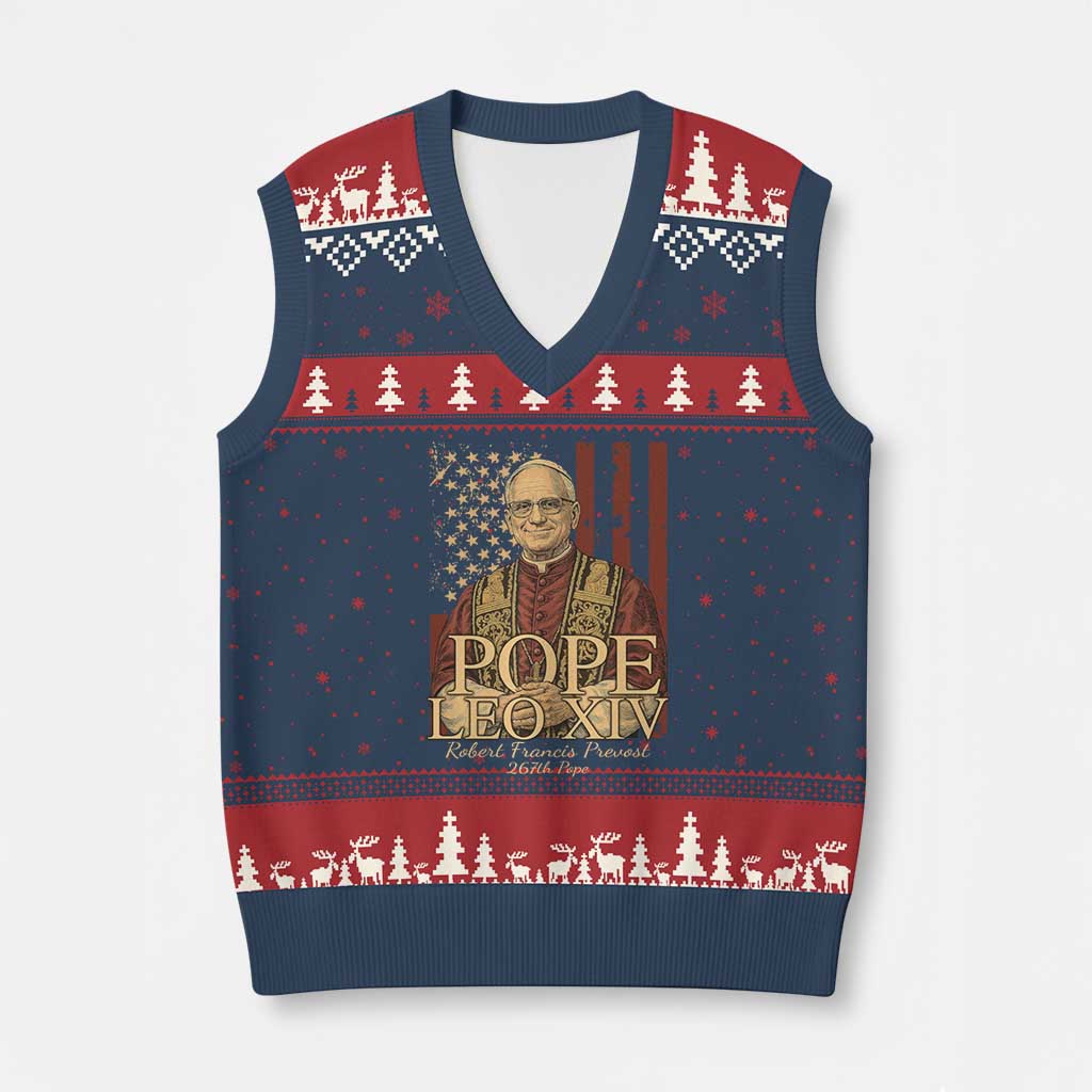 Cardinal Pope Leo XIV V-Neck Knit Sweater Vest 267th Robert Francis Prevost American Flag - Wonder Print Shop