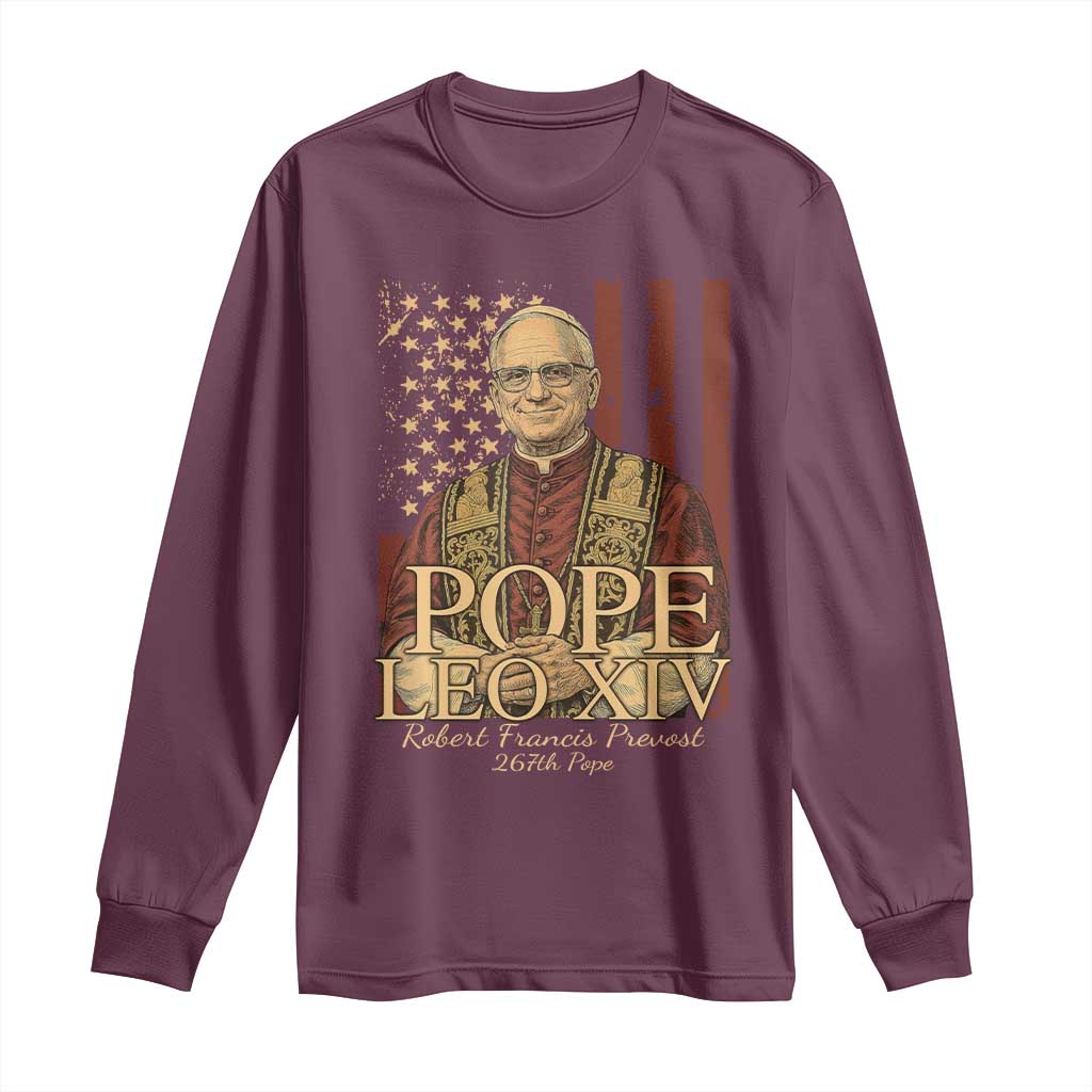 Cardinal Pope Leo XIV Long Sleeve Shirt 267th Robert Francis Prevost American Flag