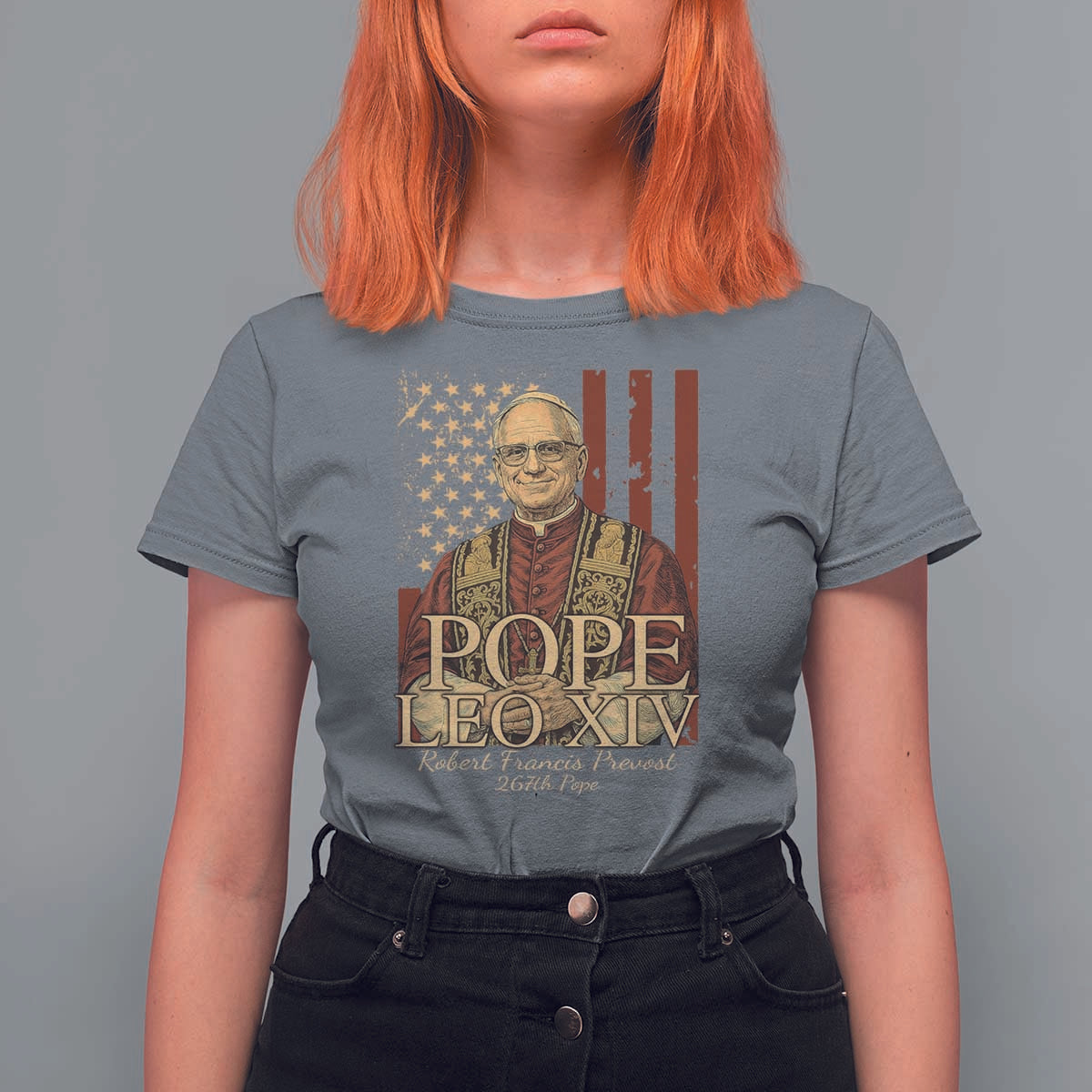 Cardinal Pope Leo XIV T Shirt For Women 267th Robert Francis Prevost American Flag