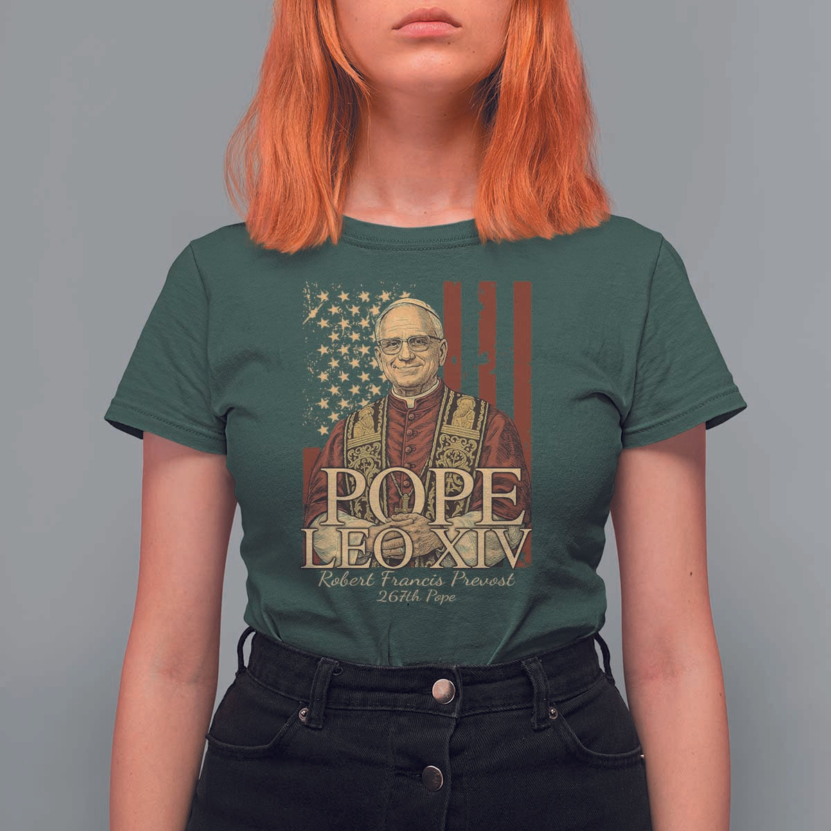Cardinal Pope Leo XIV T Shirt For Women 267th Robert Francis Prevost American Flag
