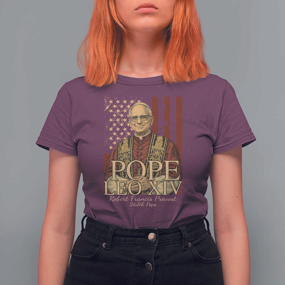 Cardinal Pope Leo XIV T Shirt For Women 267th Robert Francis Prevost American Flag