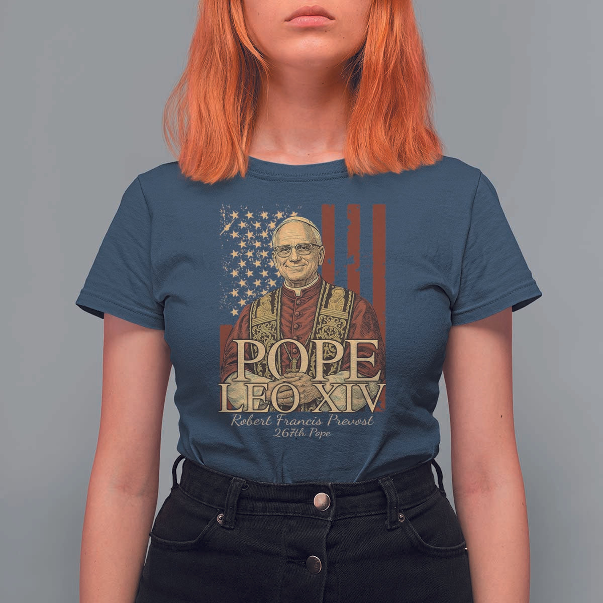 Cardinal Pope Leo XIV T Shirt For Women 267th Robert Francis Prevost American Flag