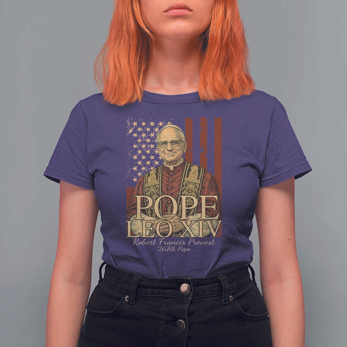 Cardinal Pope Leo XIV T Shirt For Women 267th Robert Francis Prevost American Flag