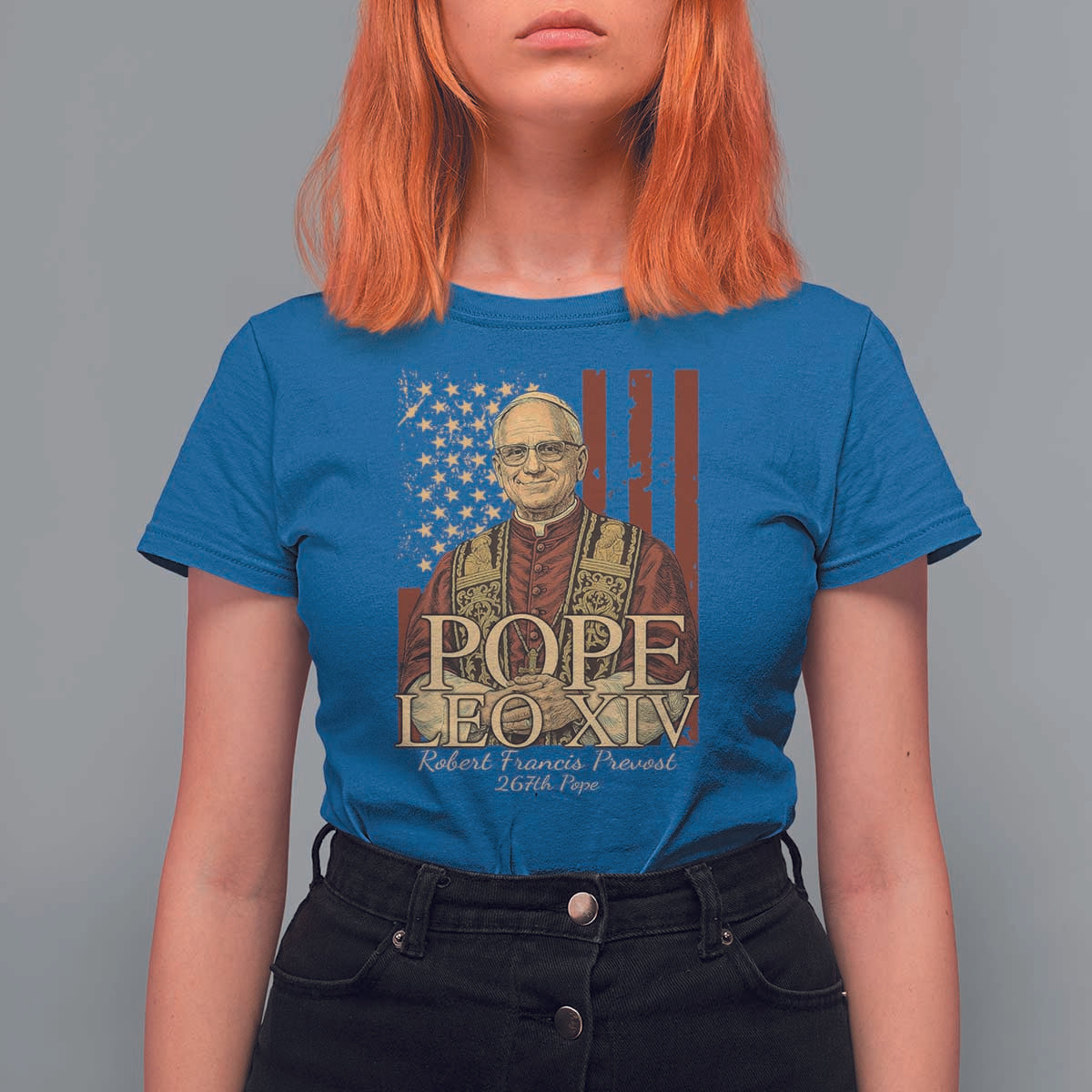 Cardinal Pope Leo XIV T Shirt For Women 267th Robert Francis Prevost American Flag