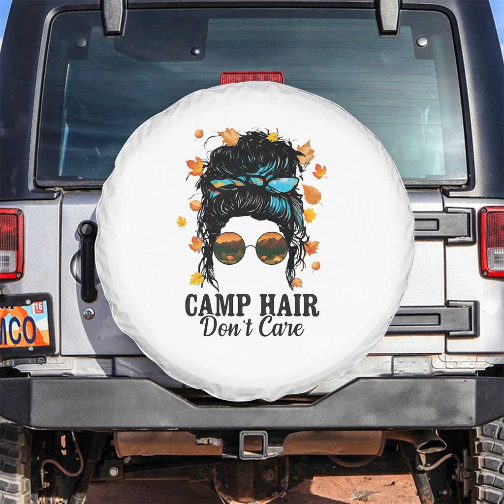 Funny Camping Lover Spare Tire Cover Camp Hair Don't Care Messy Bun Camper