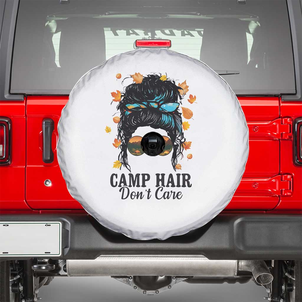 Funny Camping Lover Spare Tire Cover Camp Hair Don't Care Messy Bun Camper