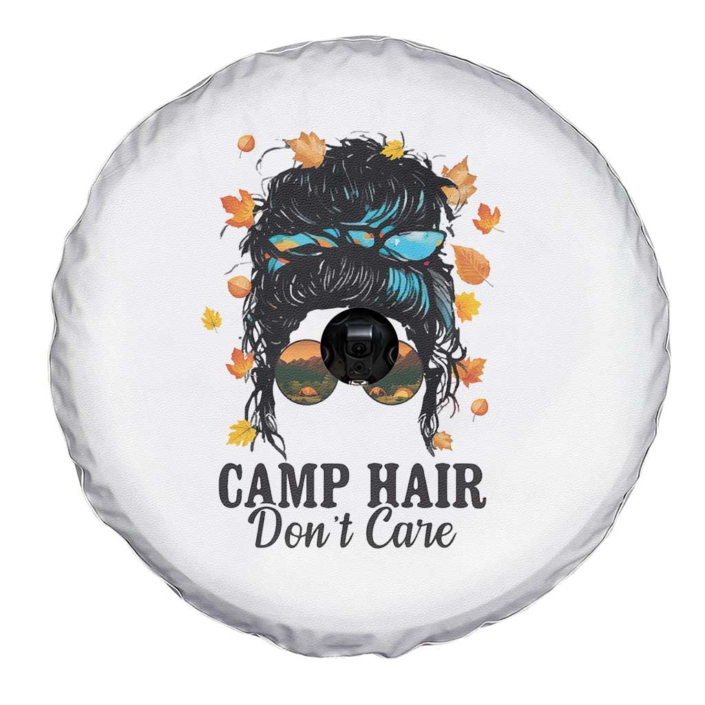 Funny Camping Lover Spare Tire Cover Camp Hair Don't Care Messy Bun Camper