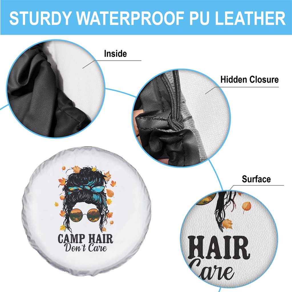Funny Camping Lover Spare Tire Cover Camp Hair Don't Care Messy Bun Camper