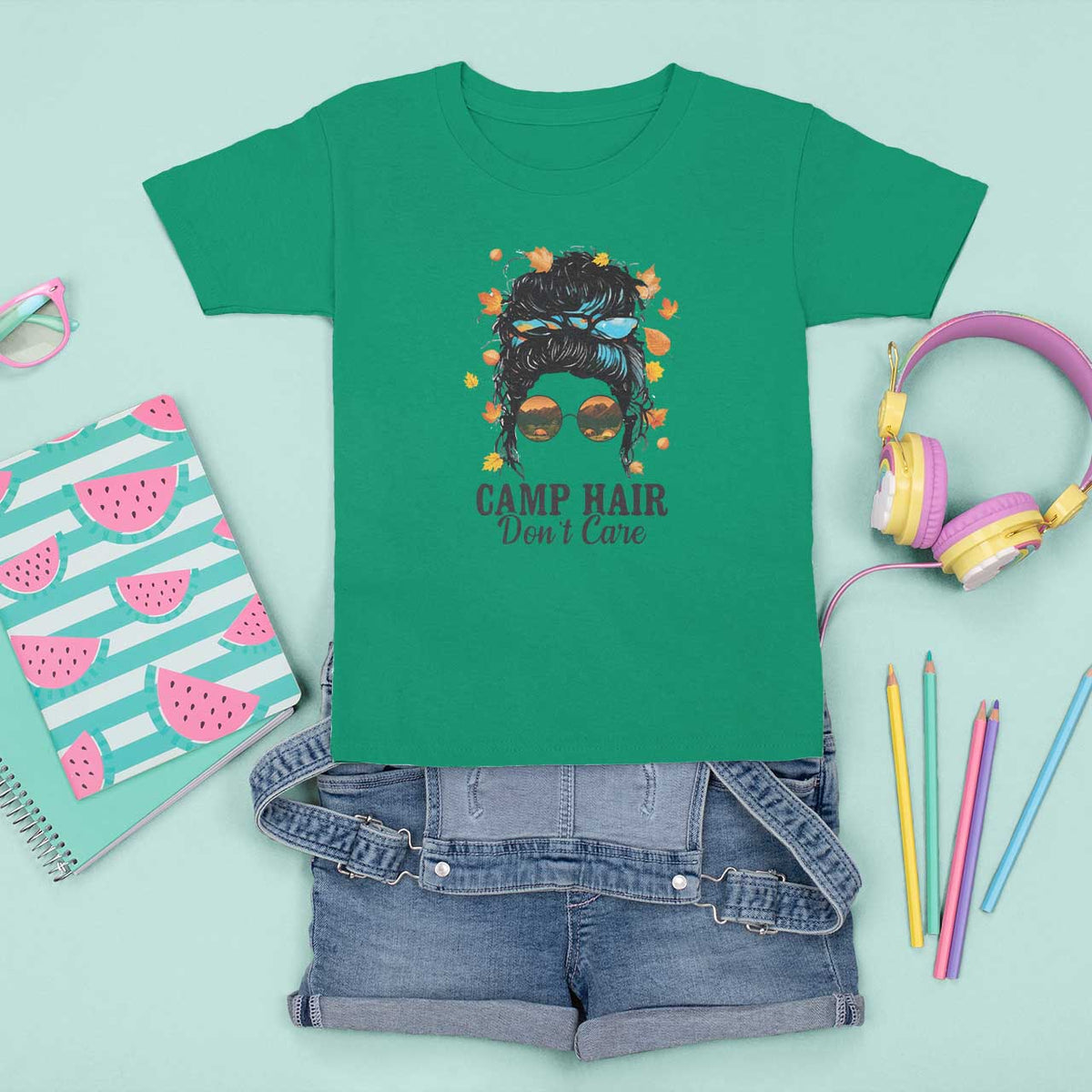 Funny Camping Lover T Shirt For Kid Camp Hair Don't Care Messy Bun Camper - Wonder Print Shop