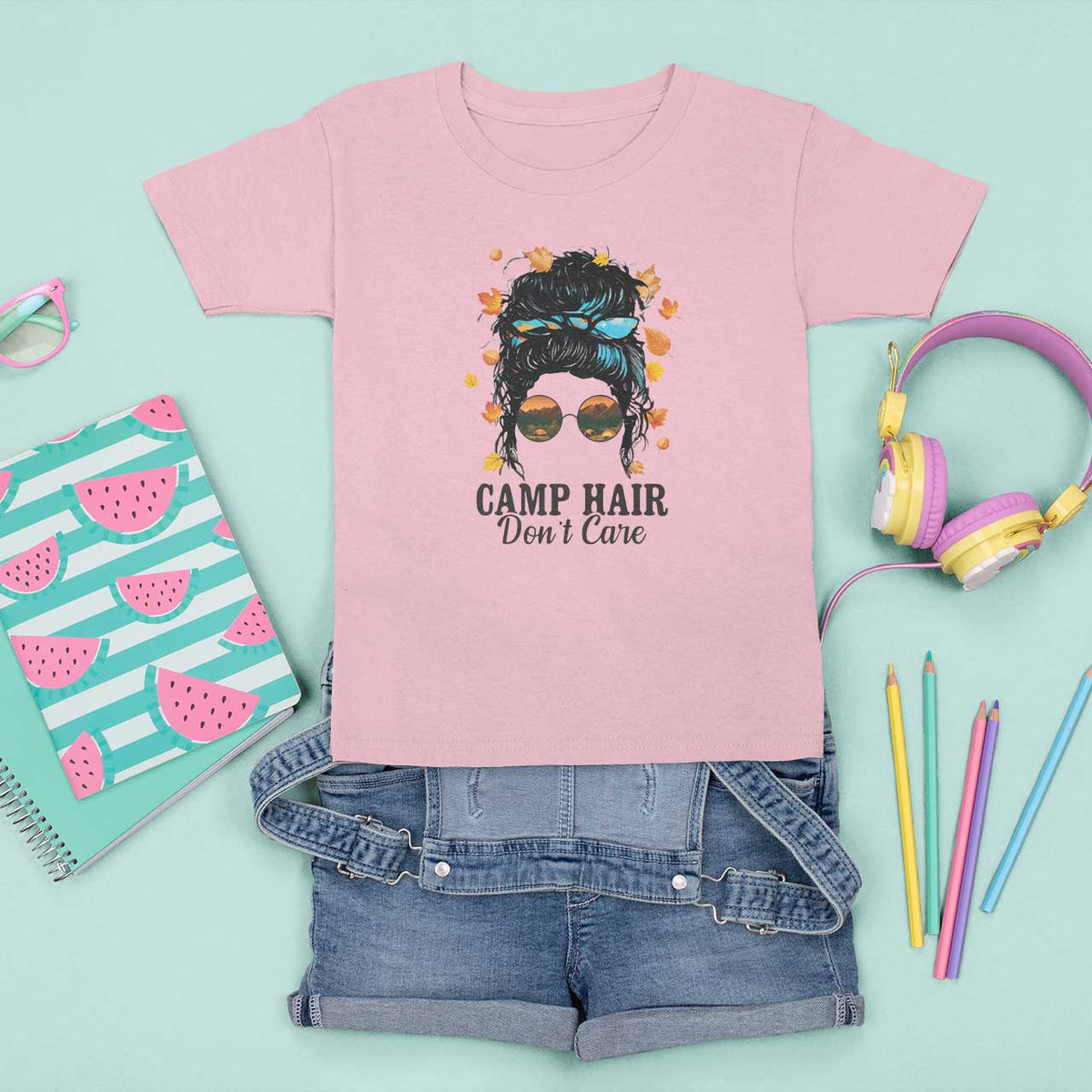 Funny Camping Lover T Shirt For Kid Camp Hair Don't Care Messy Bun Camper - Wonder Print Shop
