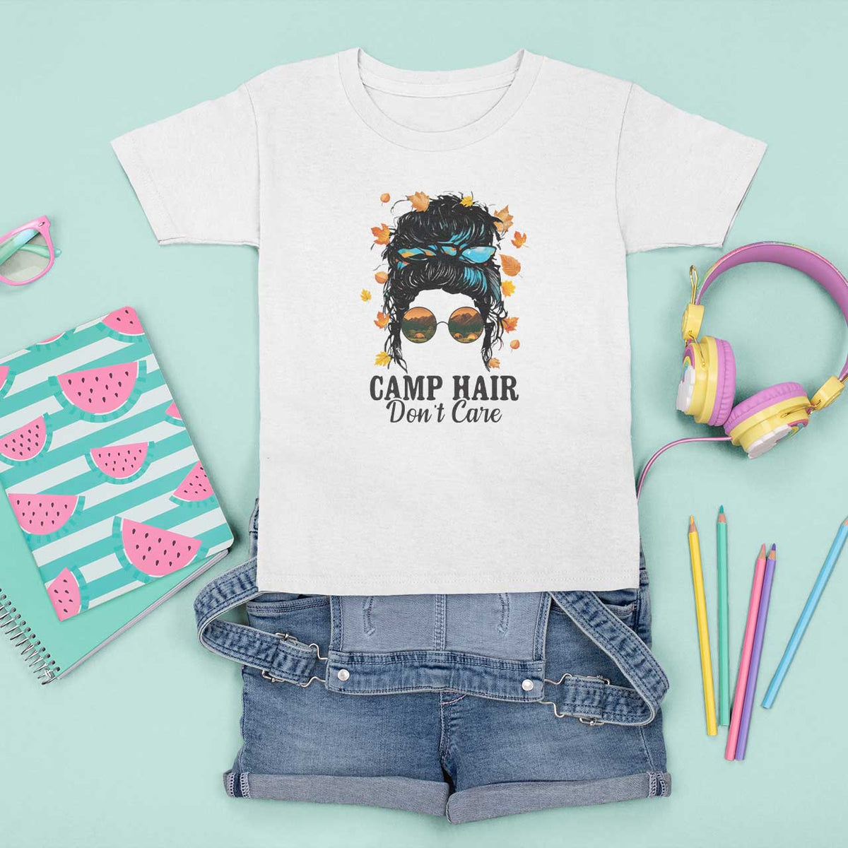 Funny Camping Lover T Shirt For Kid Camp Hair Don't Care Messy Bun Camper - Wonder Print Shop