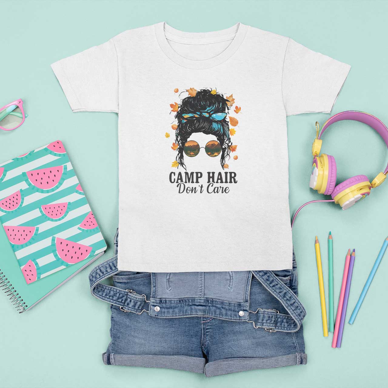 Funny Camping Lover T Shirt For Kid Camp Hair Don't Care Messy Bun Camper - Wonder Print Shop