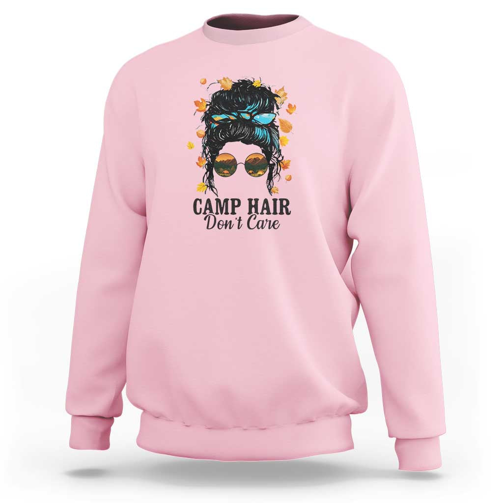 Funny Camping Lover Sweatshirt Camp Hair Don't Care Messy Bun Camper - Wonder Print Shop