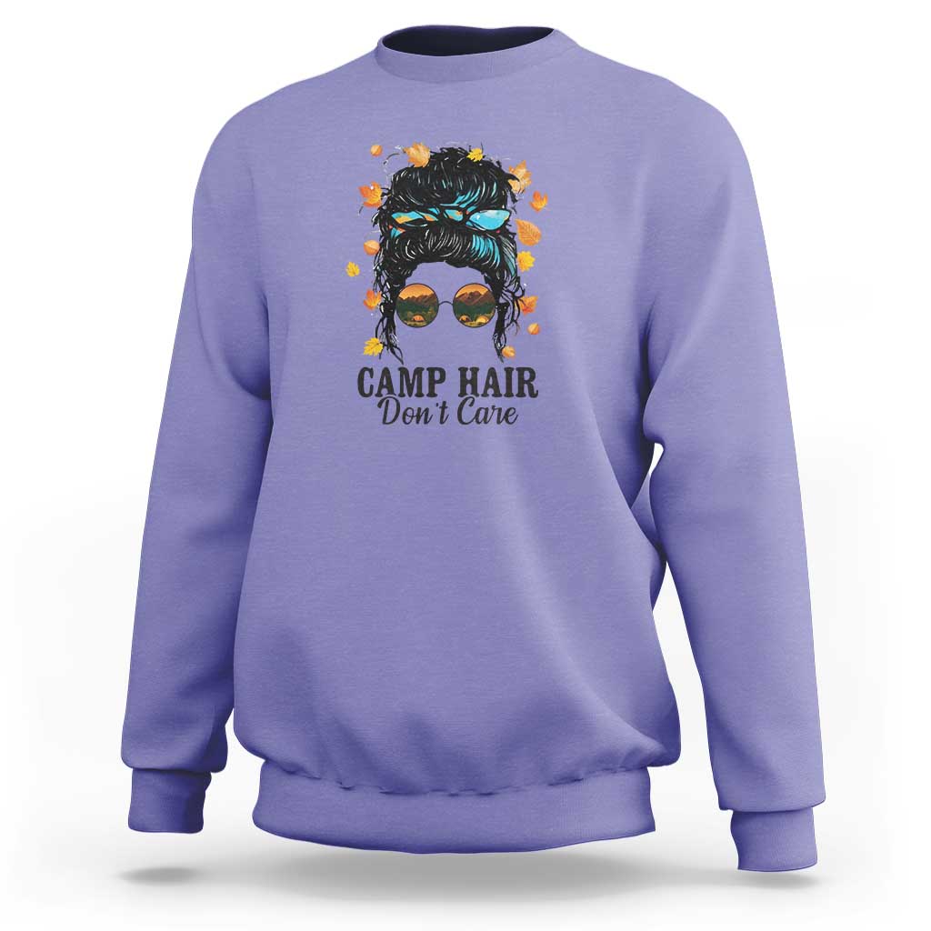 Funny Camping Lover Sweatshirt Camp Hair Don't Care Messy Bun Camper - Wonder Print Shop