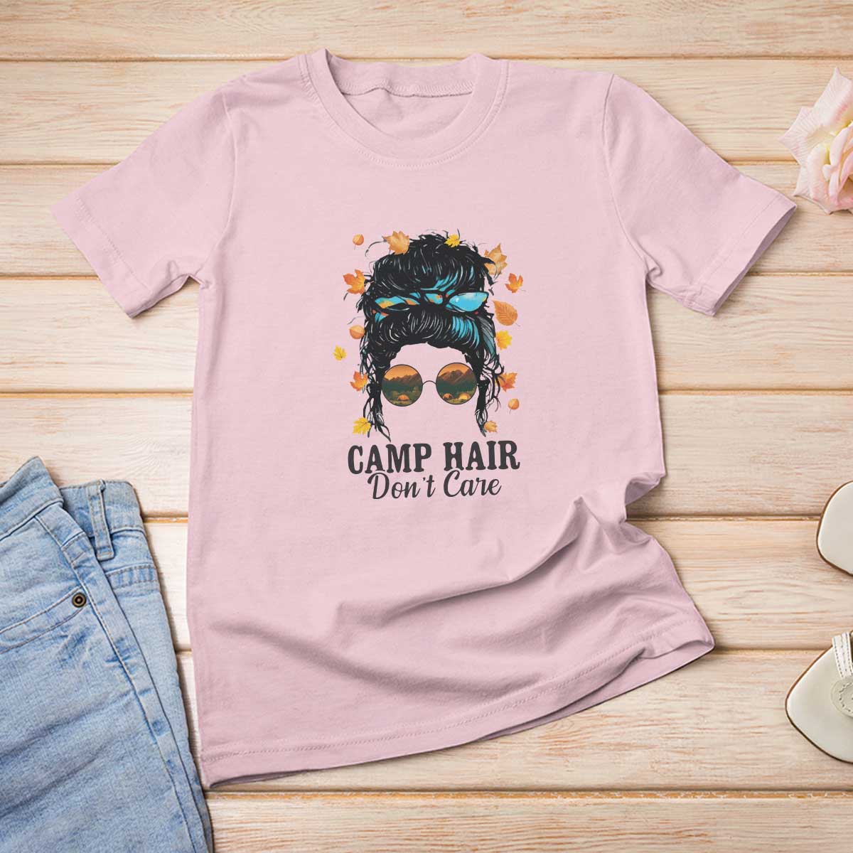 Funny Camping Lover T Shirt For Women Camp Hair Don't Care Messy Bun Camper - Wonder Print Shop