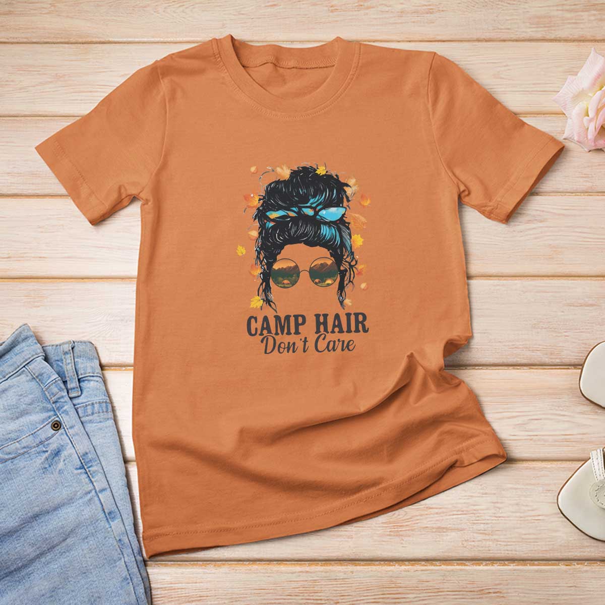 Funny Camping Lover T Shirt For Women Camp Hair Don't Care Messy Bun Camper - Wonder Print Shop