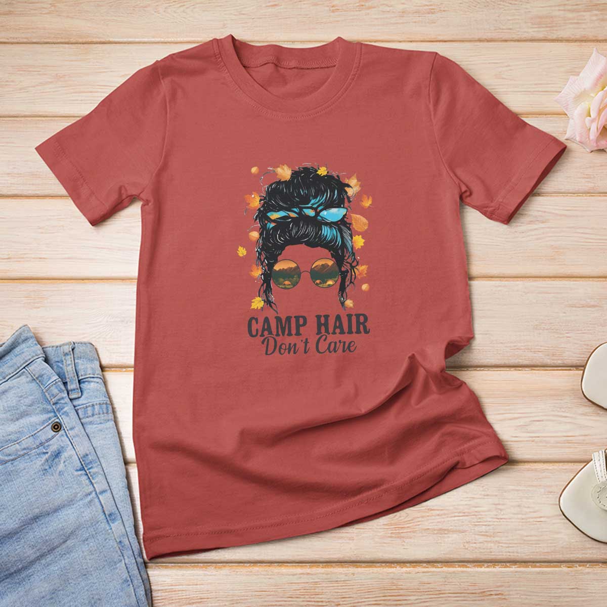 Funny Camping Lover T Shirt For Women Camp Hair Don't Care Messy Bun Camper - Wonder Print Shop