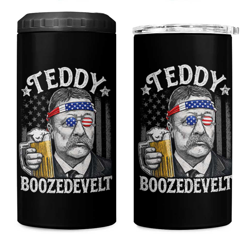Teddy Boozedevelt Theodore Roosevelt 4th of July 4 in 1 Can Cooler Tumbler Funny Beer Drinking Vintage American Flag