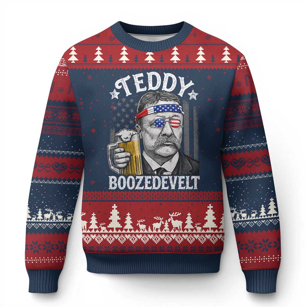 Teddy Boozedevelt Theodore Roosevelt 4th of July Ugly Christmas Sweater Funny Beer Drinking Vintage American Flag