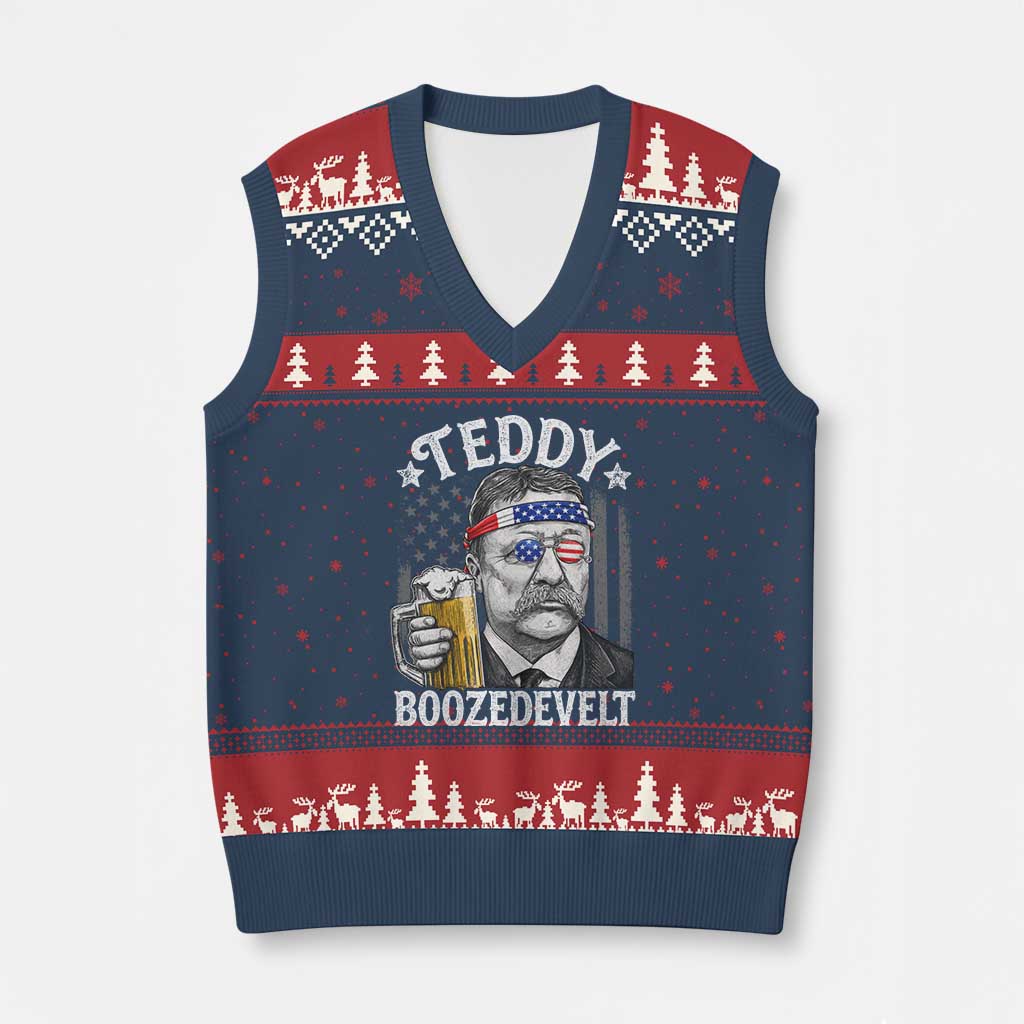 Teddy Boozedevelt Theodore Roosevelt 4th of July V-Neck Knit Sweater Vest Funny Beer Drinking Vintage American Flag