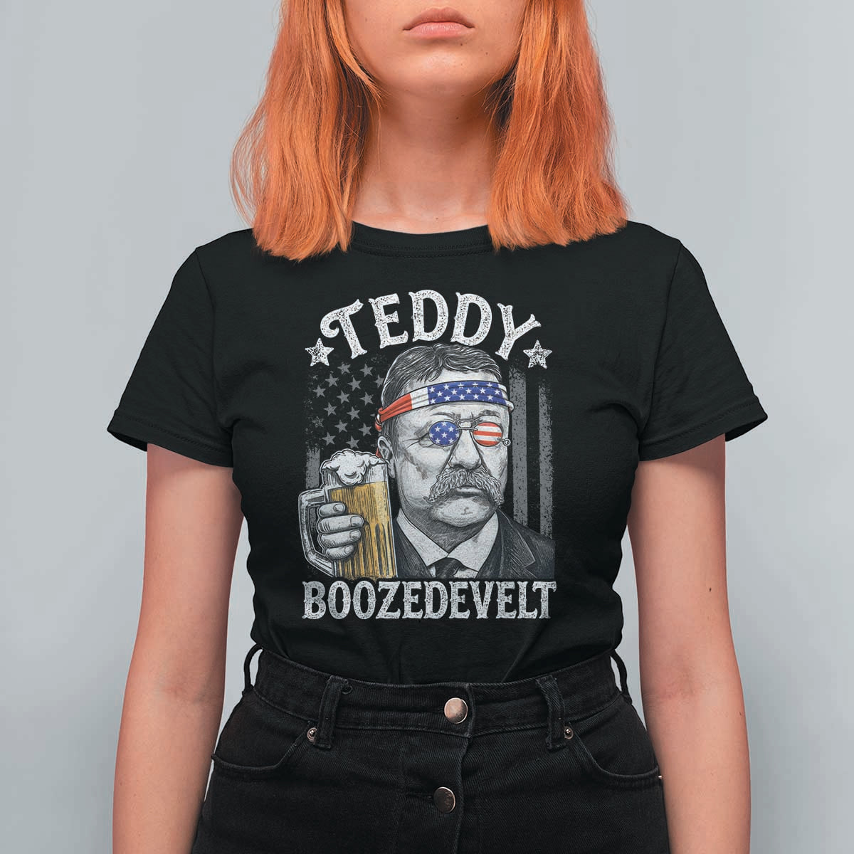 Teddy Boozedevelt Theodore Roosevelt 4th of July T Shirt For Women Funny Beer Drinking Vintage American Flag