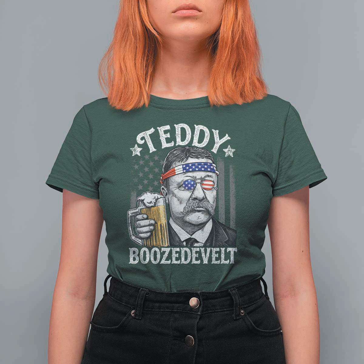 Teddy Boozedevelt Theodore Roosevelt 4th of July T Shirt For Women Funny Beer Drinking Vintage American Flag