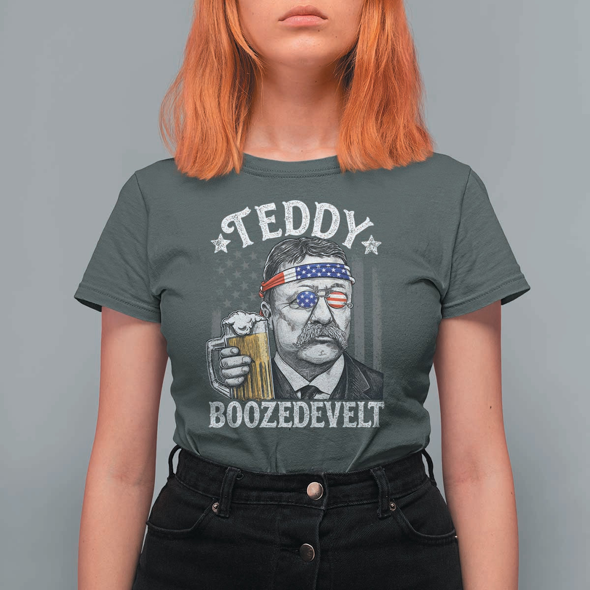 Teddy Boozedevelt Theodore Roosevelt 4th of July T Shirt For Women Funny Beer Drinking Vintage American Flag