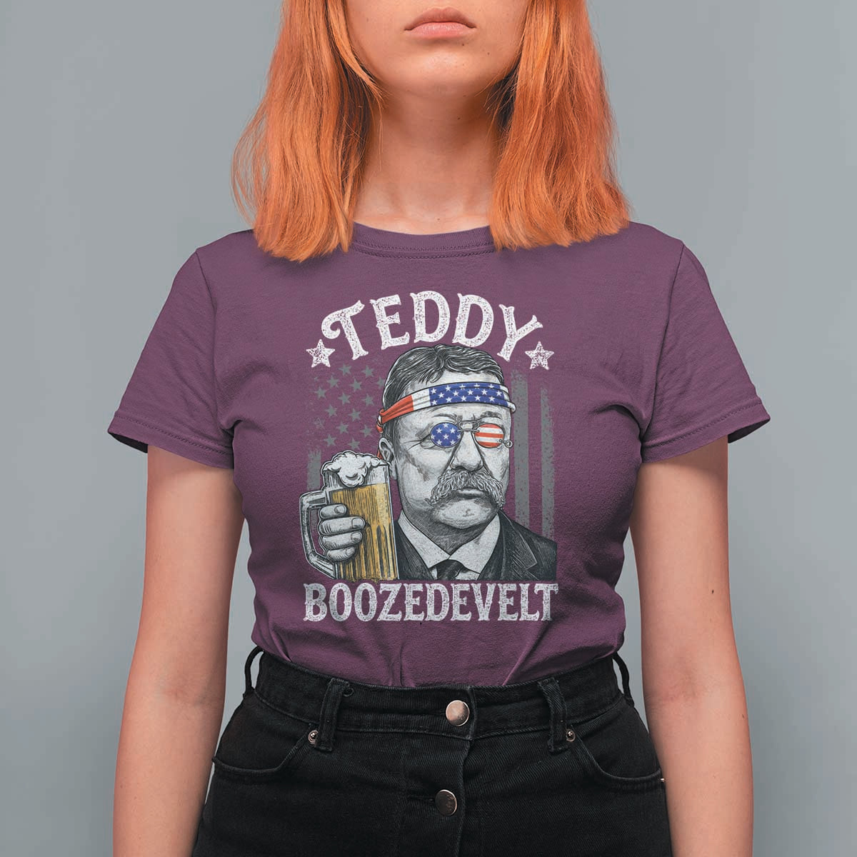 Teddy Boozedevelt Theodore Roosevelt 4th of July T Shirt For Women Funny Beer Drinking Vintage American Flag