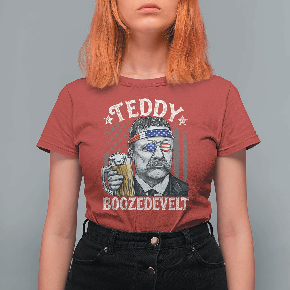 Teddy Boozedevelt Theodore Roosevelt 4th of July T Shirt For Women Funny Beer Drinking Vintage American Flag