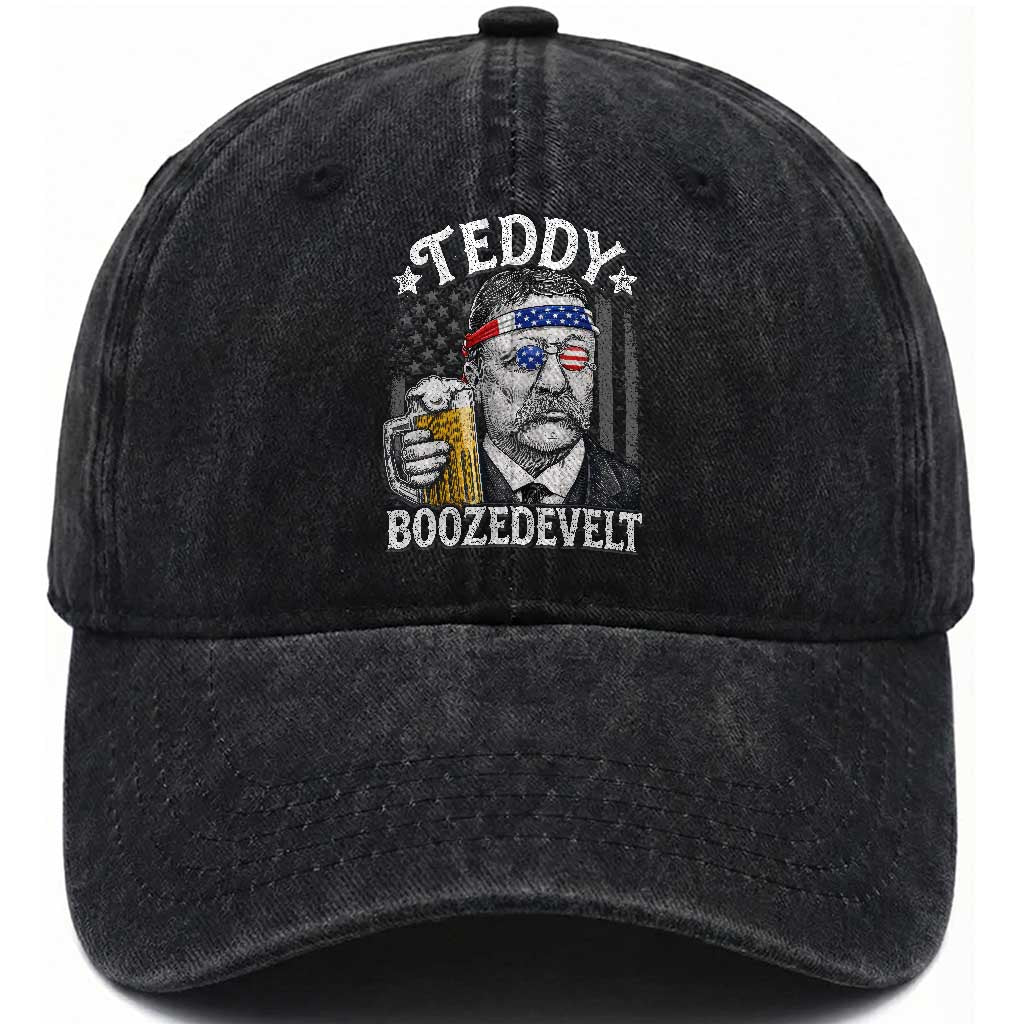 Teddy Boozedevelt Theodore Roosevelt 4th of July Washed Cotton Baseball Cap Funny Beer Drinking Vintage American Flag