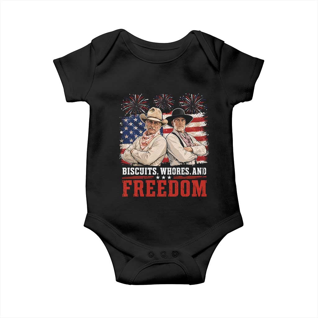 Biscuits Whores And Freedom Funny Western Cowboy 4th of July Baby Onesie