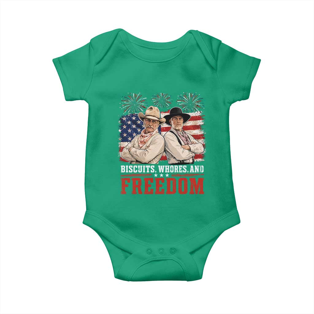 Biscuits Whores And Freedom Funny Western Cowboy 4th of July Baby Onesie