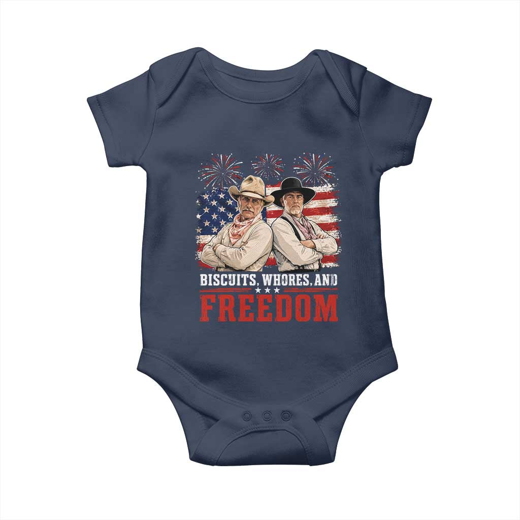 Biscuits Whores And Freedom Funny Western Cowboy 4th of July Baby Onesie