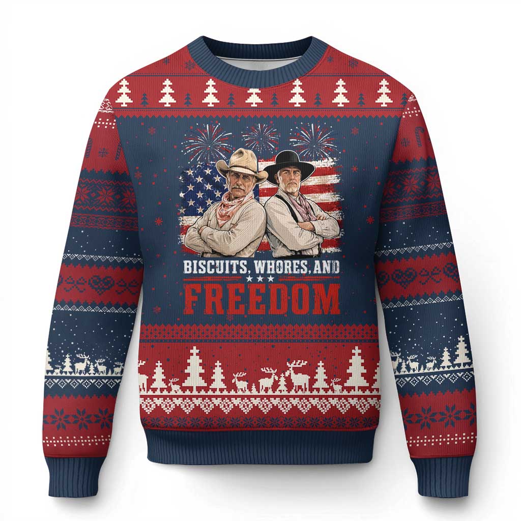 Biscuits Whores And Freedom Funny Western Cowboy 4th of July Ugly Christmas Sweater