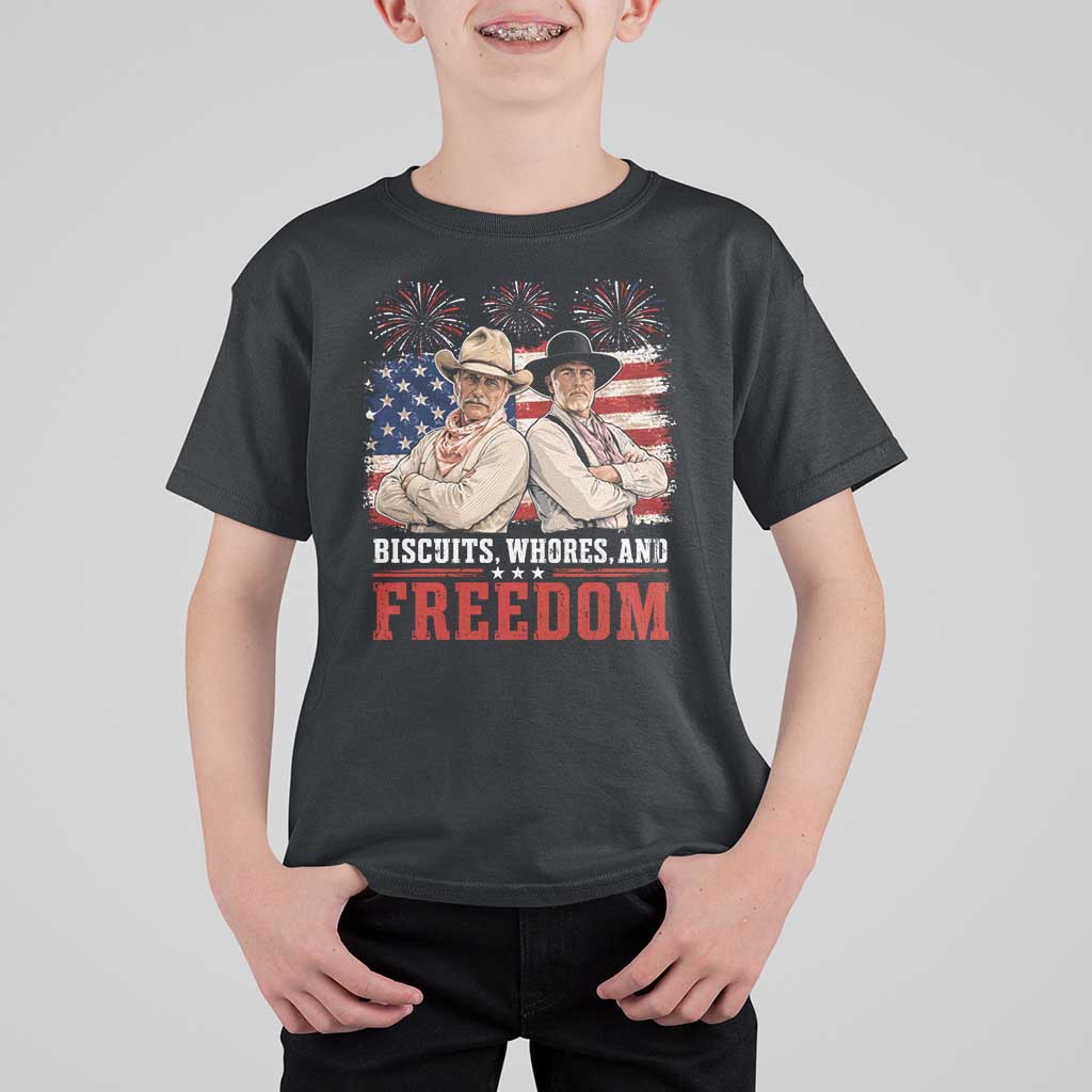 Biscuits Whores And Freedom Funny Western Cowboy 4th of July T Shirt For Kid