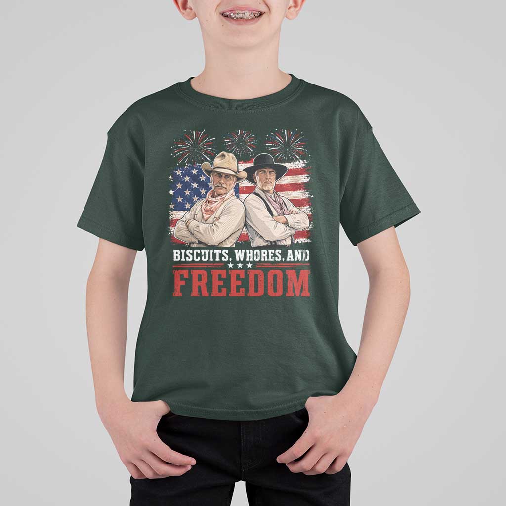 Biscuits Whores And Freedom Funny Western Cowboy 4th of July T Shirt For Kid