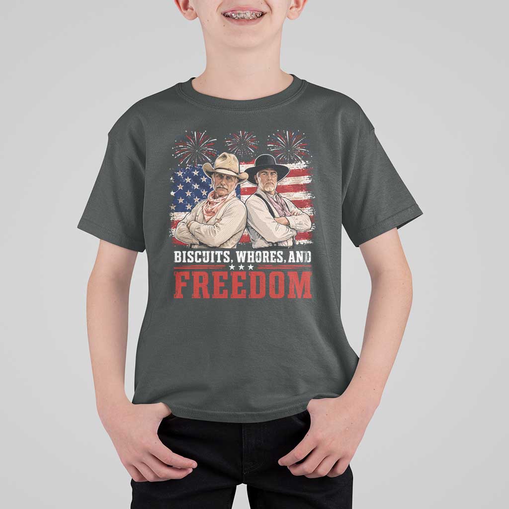 Biscuits Whores And Freedom Funny Western Cowboy 4th of July T Shirt For Kid