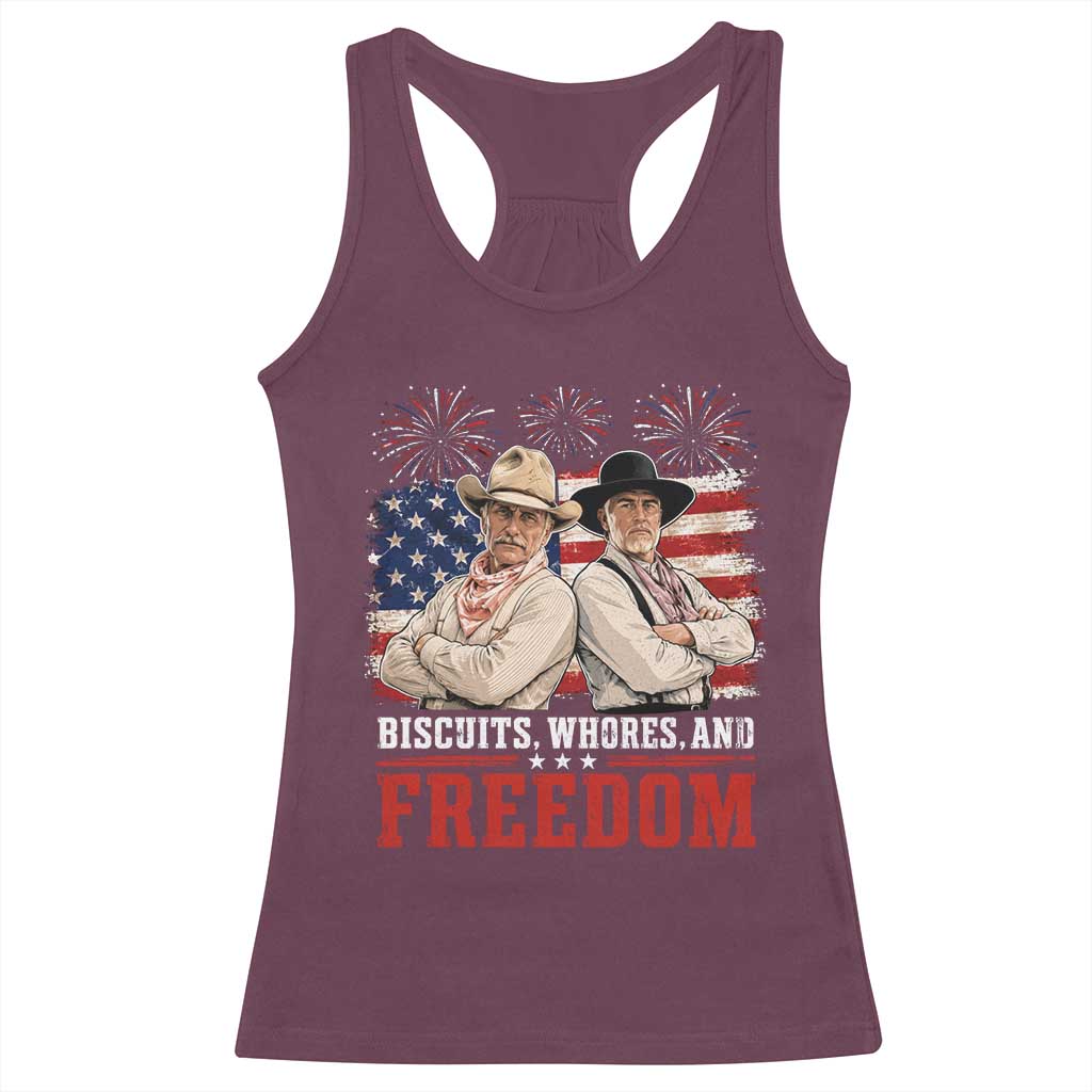Biscuits Whores And Freedom Funny Western Cowboy 4th of July Racerback Tank Top
