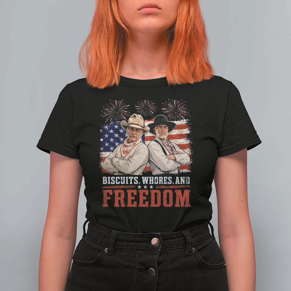 Biscuits Whores And Freedom Funny Western Cowboy 4th of July T Shirt For Women