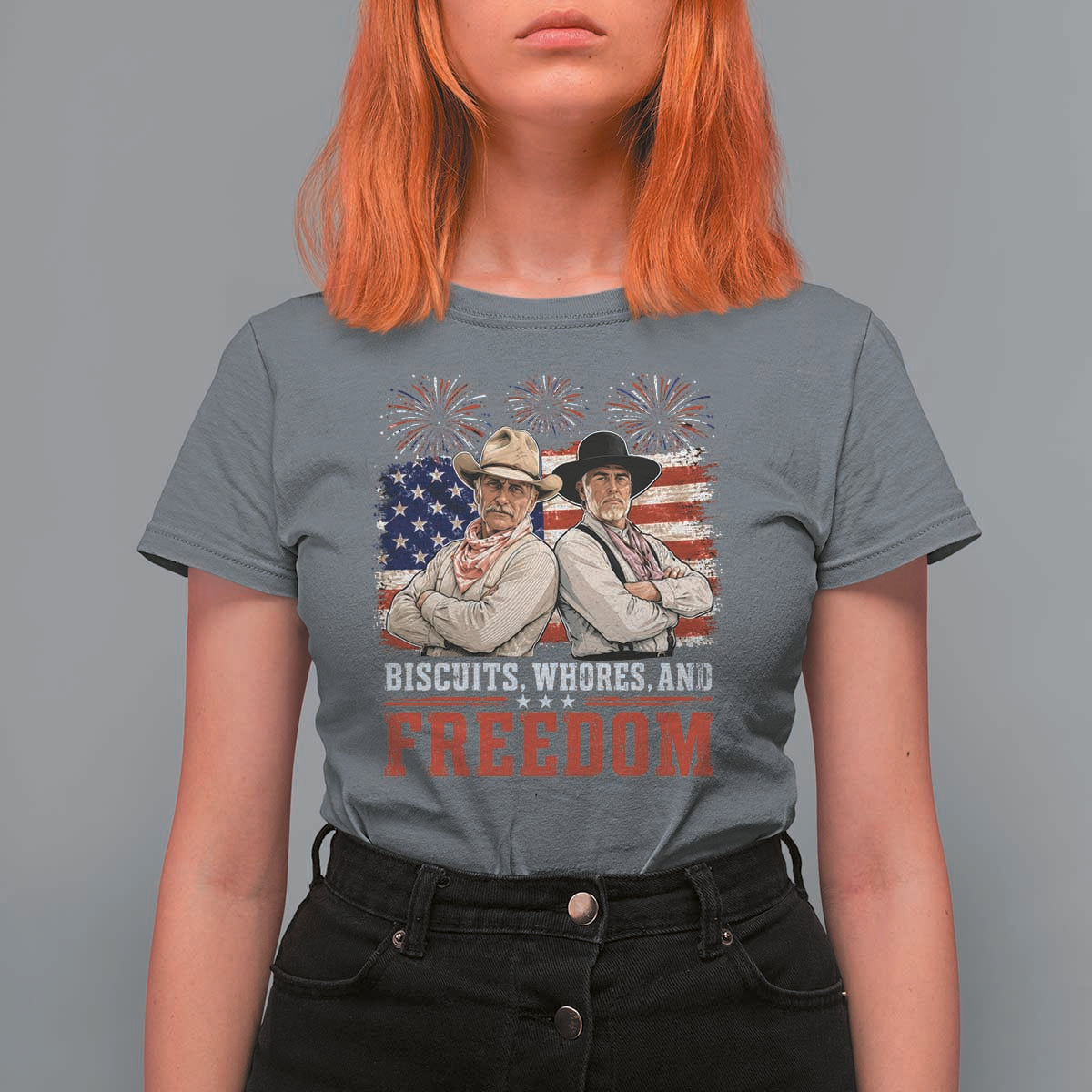 Biscuits Whores And Freedom Funny Western Cowboy 4th of July T Shirt For Women