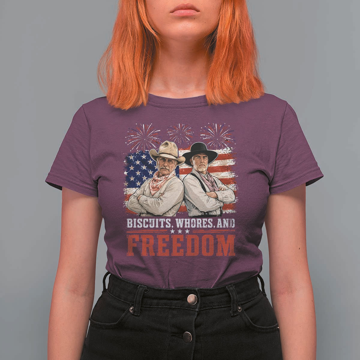 Biscuits Whores And Freedom Funny Western Cowboy 4th of July T Shirt For Women