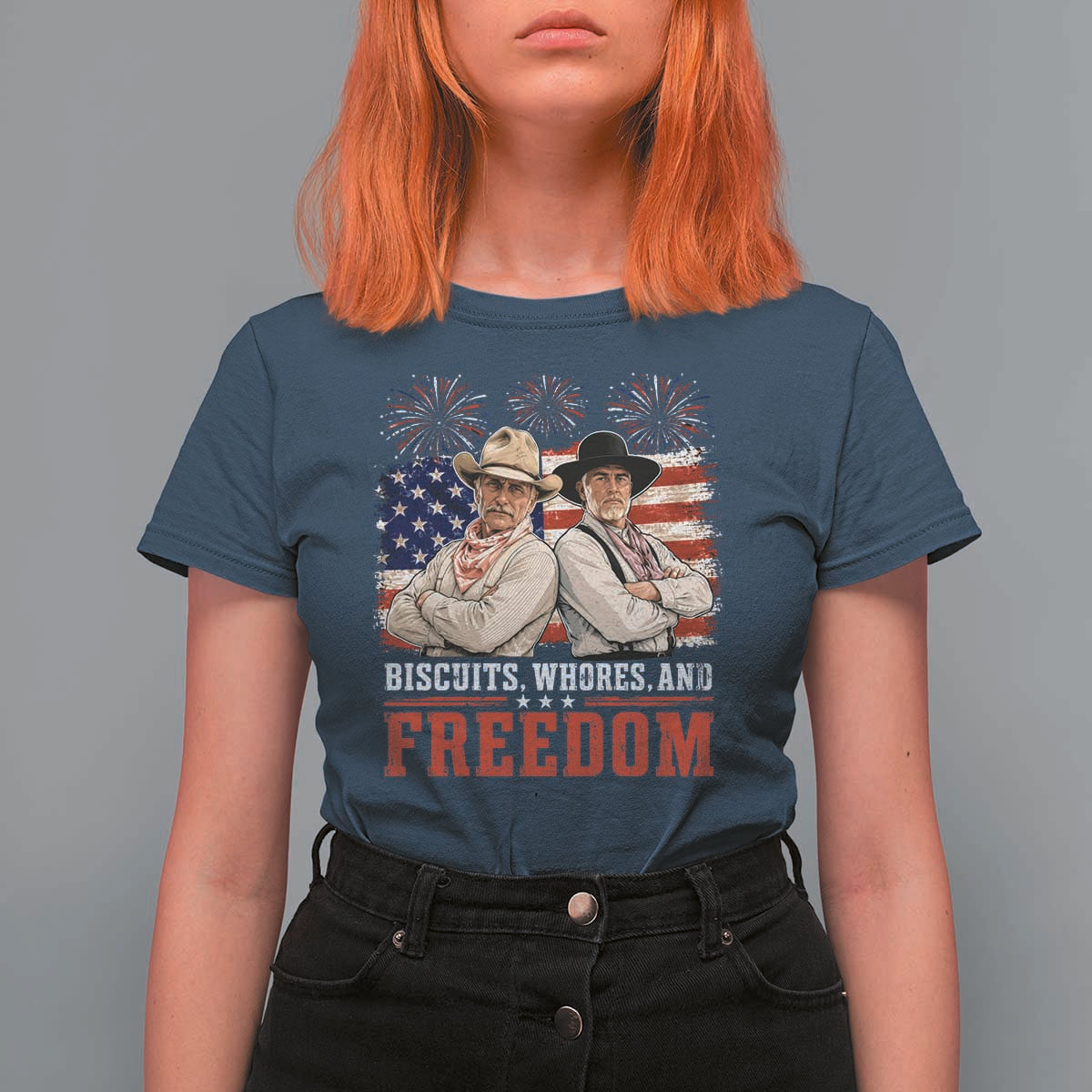 Biscuits Whores And Freedom Funny Western Cowboy 4th of July T Shirt For Women