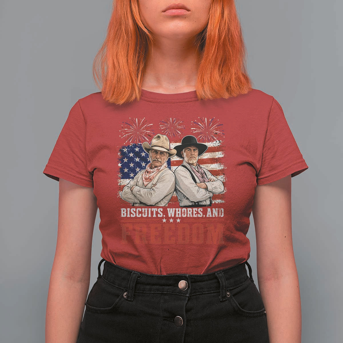 Biscuits Whores And Freedom Funny Western Cowboy 4th of July T Shirt For Women