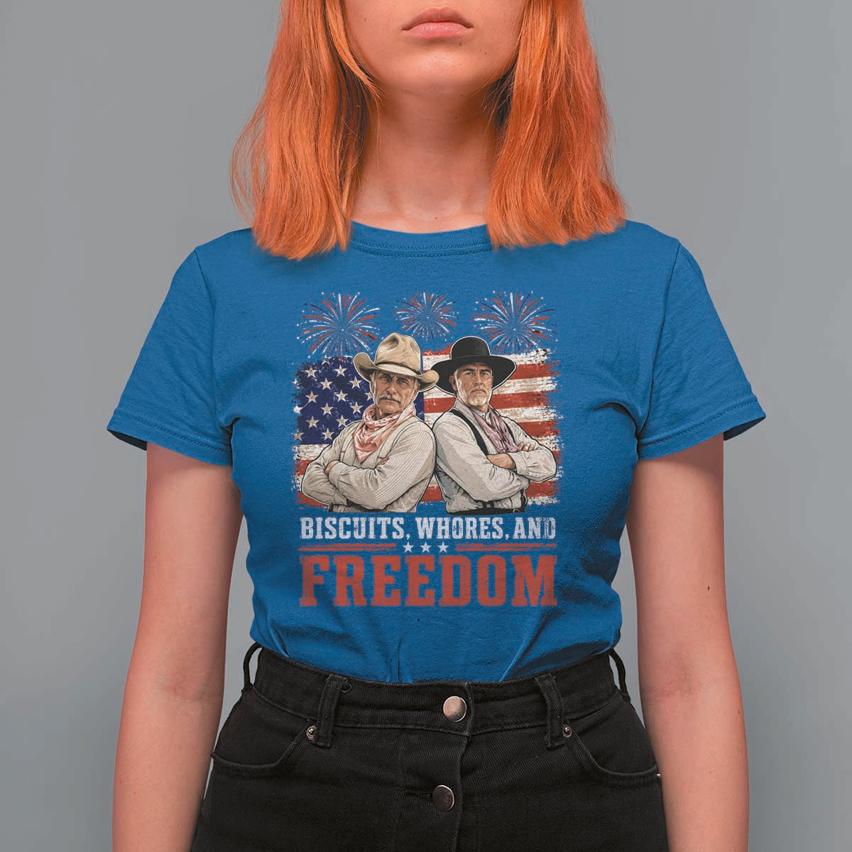 Biscuits Whores And Freedom Funny Western Cowboy 4th of July T Shirt For Women